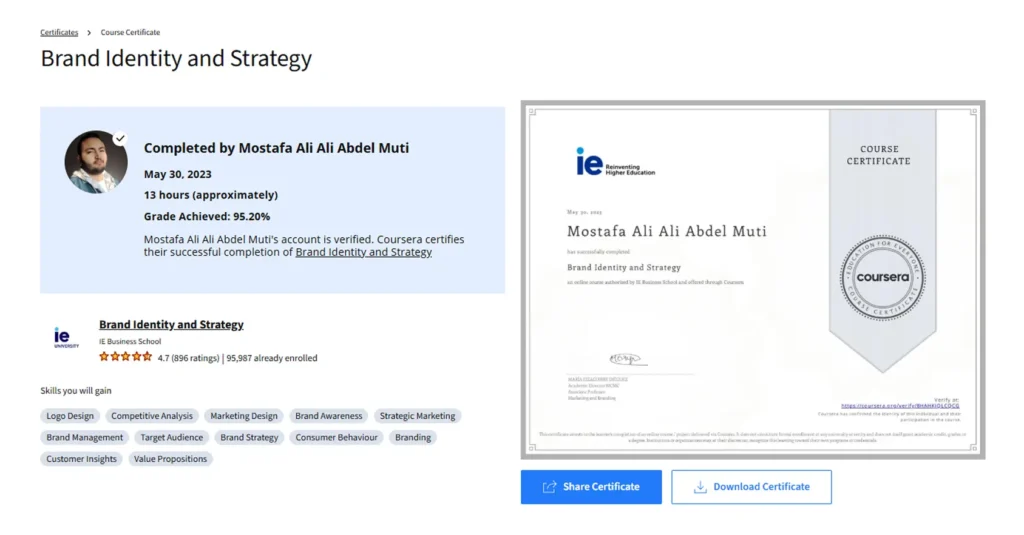 شهادة مصطفى لأتمام كورس Brand Identity and Strategy على منصة Coursera ومقدم من IE Business School